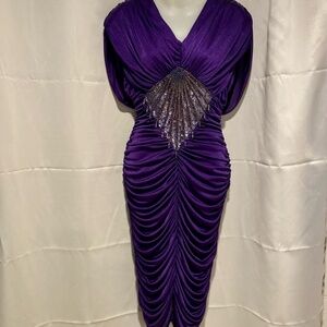 80s Purple Cocoon Dress Sequin Cocktail Disco Draped Party Dress USA Size Small